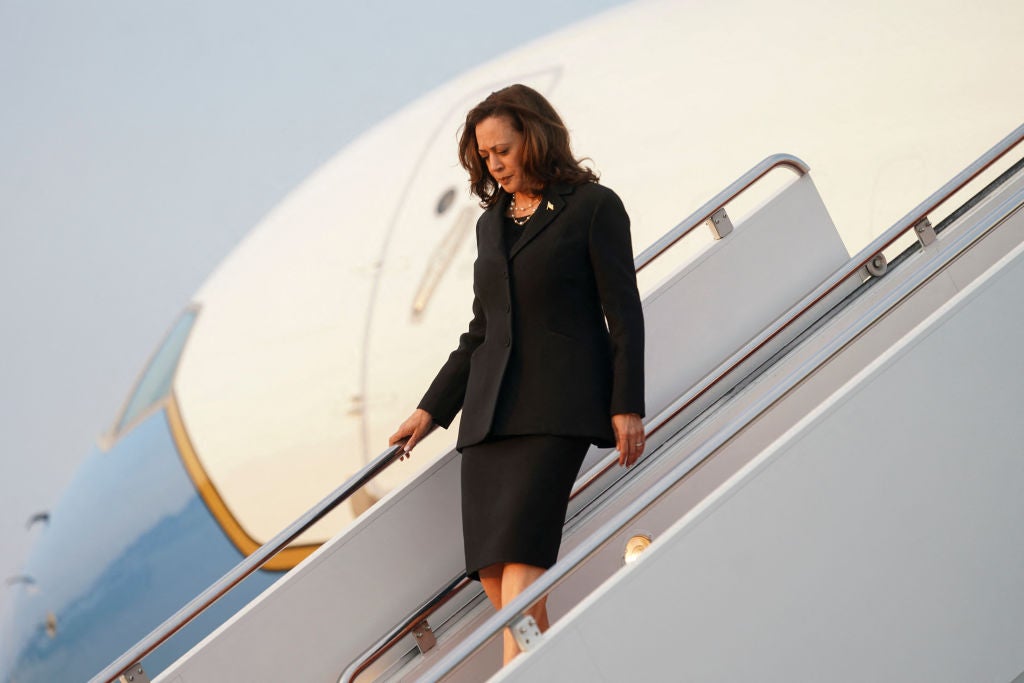 Vice President Kamala Harris steps off Air Force Two after arriving in Maryland on August 1. This weekend she is making her final decision on a running mate.