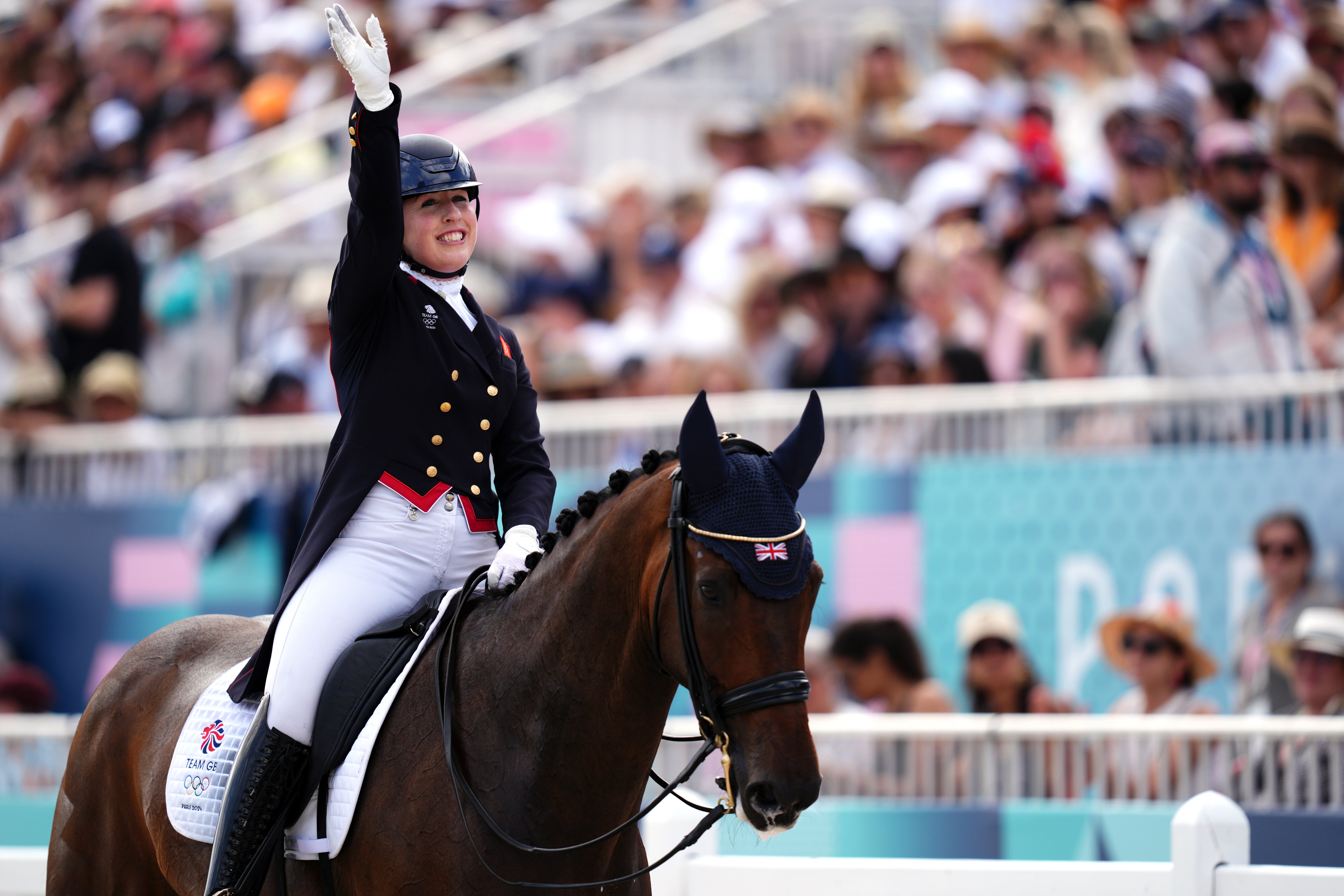 Great Britain’s Becky Moody aboard Jagerbomb after completing her Olympic debut in the Dressage Individual Grand Prix Freestyle (John Walton/PA).