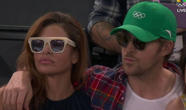 <p>Eva Mendes and Ryan Gosling make rare appaerance at the women’s uneven bar final on August 4 during the Paris 2024 Olympics </p>