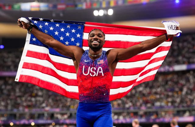 <p>Noah Lyles celebrates after winning the men’s 100m final in Paris</p>