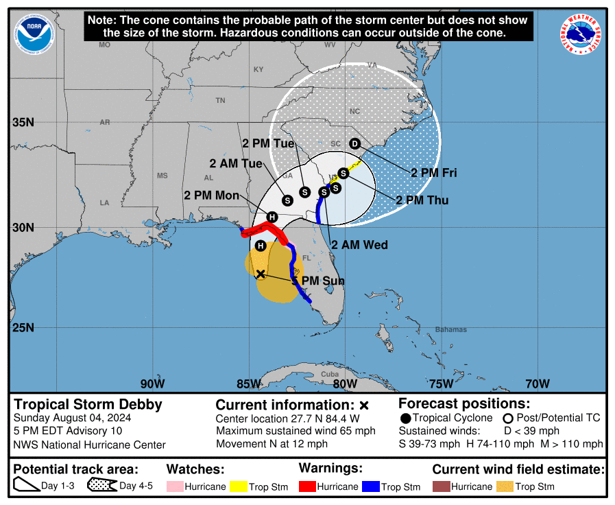 Tropical Storm Debby’s path as of Sunday evening