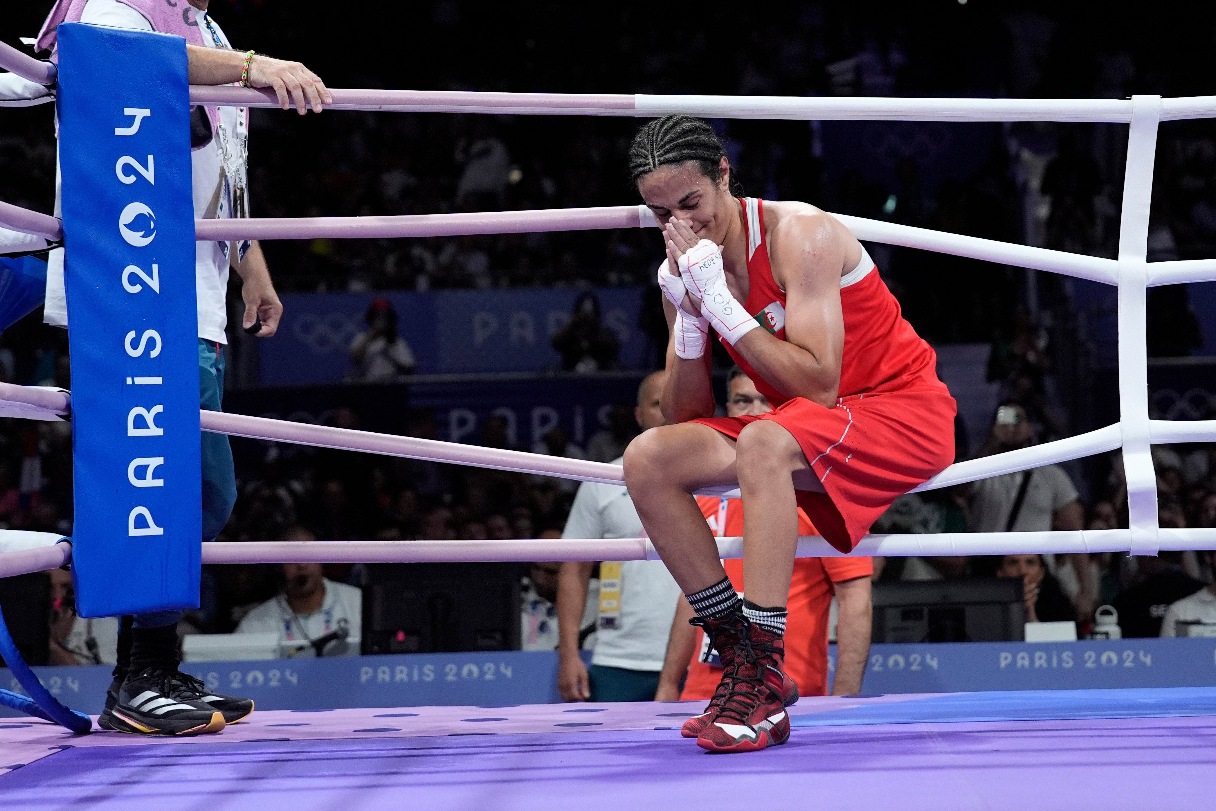 Imane Khelif at the Paris Olympics, after her win over Angela Carini