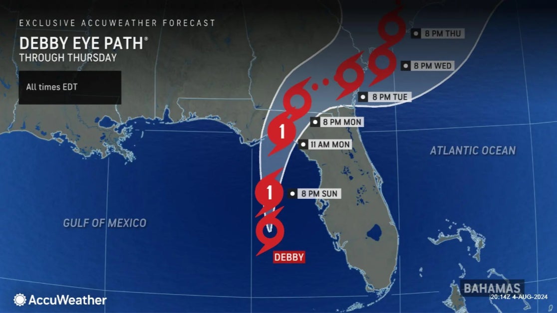 Map from AccuWeather shows path of Hurricane Debby along with expected time of arrival