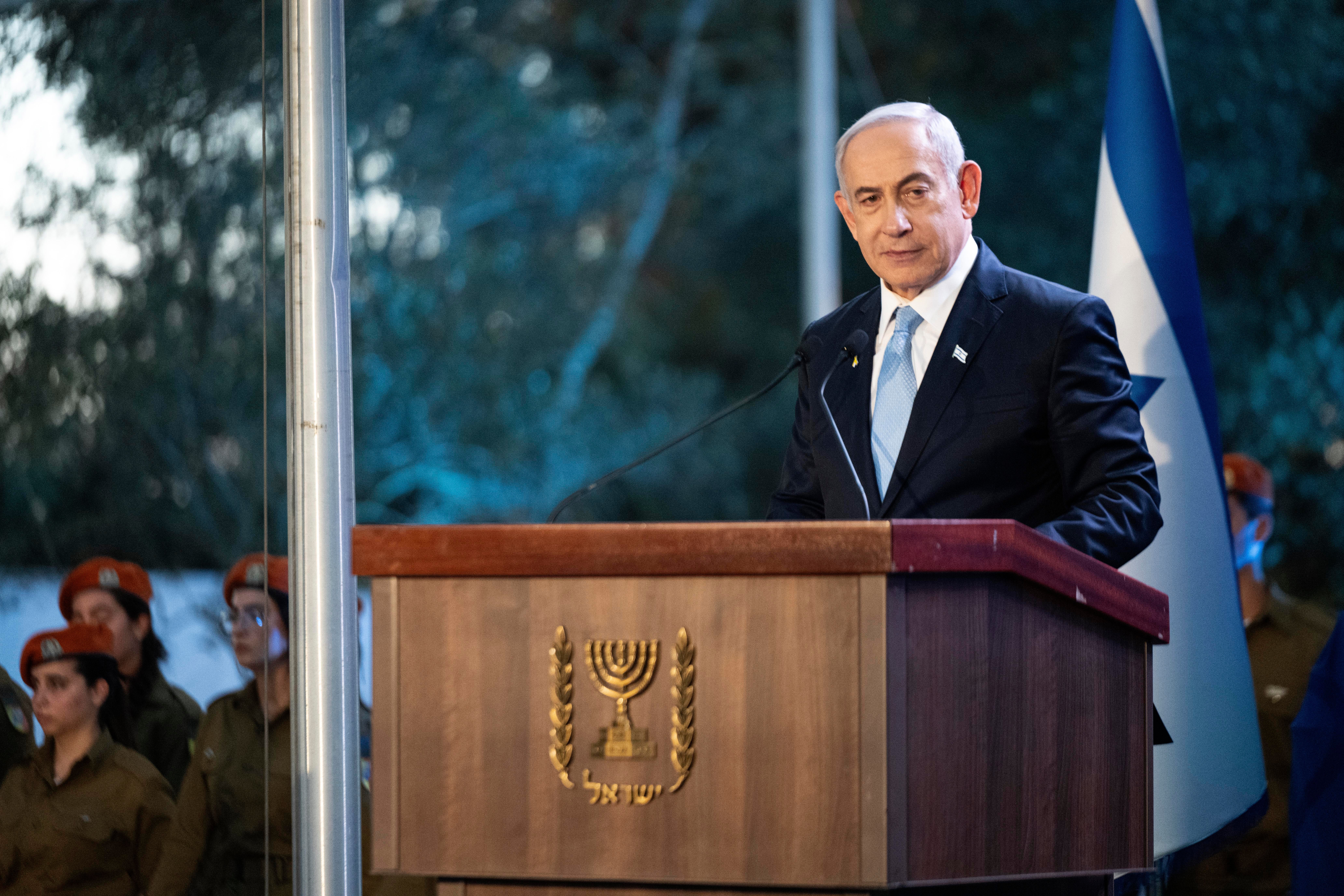 File image: Benjamin Netanyahu while speaking at the state memorial for Ze'ev Jabotinsky, at Mount Herzl Military Cemetery in Jerusalem