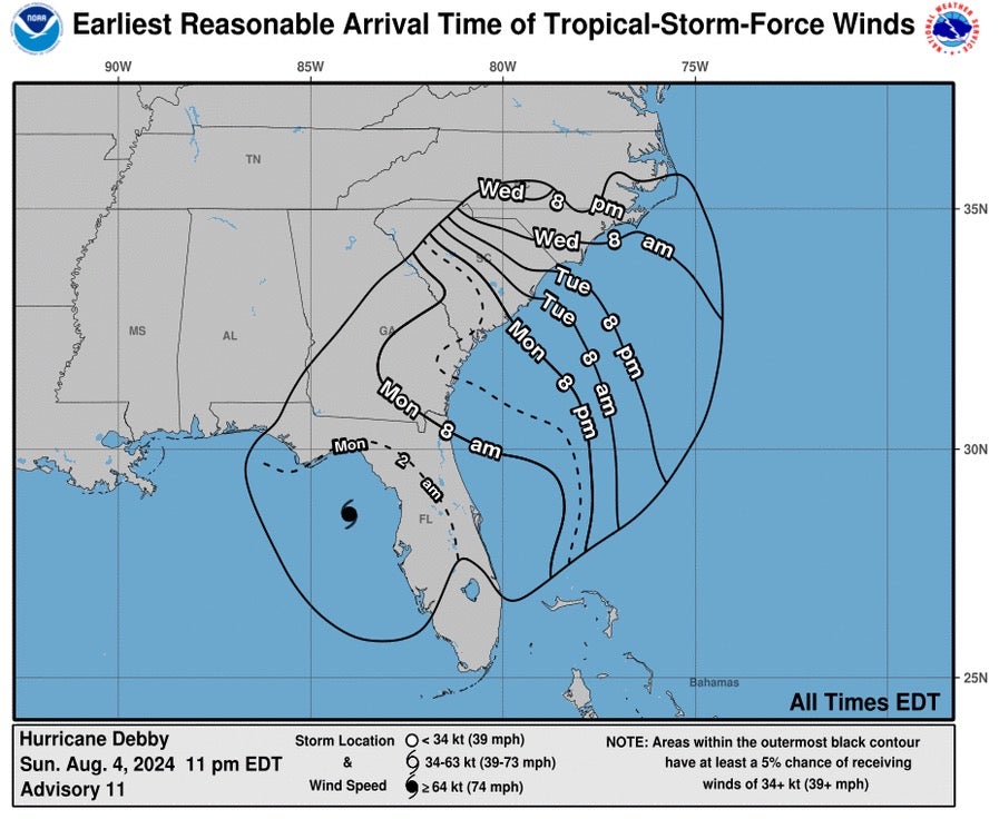 Map shows predicted arrival times of winds from Hurricane Debby