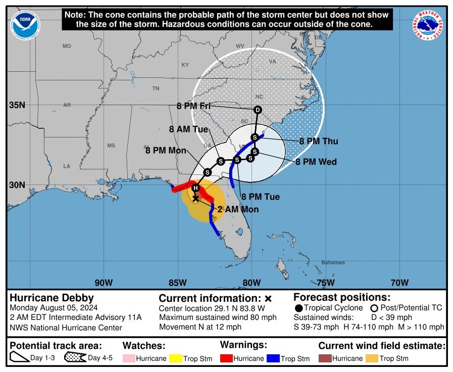 Map shows coastal watches, warnings and forecast cone for Hurricane Debby’s center