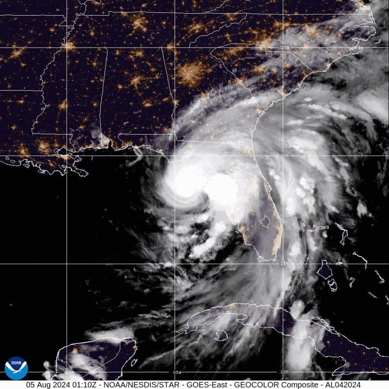 Satellite image obtained from the NOAA shows Hurricane Debby very near landfall in the Florida Big Bend on 5 August 08:40 UTC