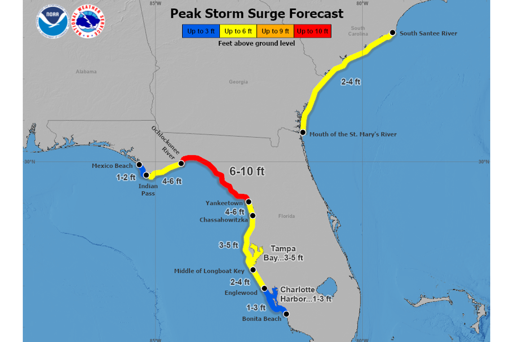 Storm surge expected at six to 10 feet between Yankeetown and Ochlockonee River