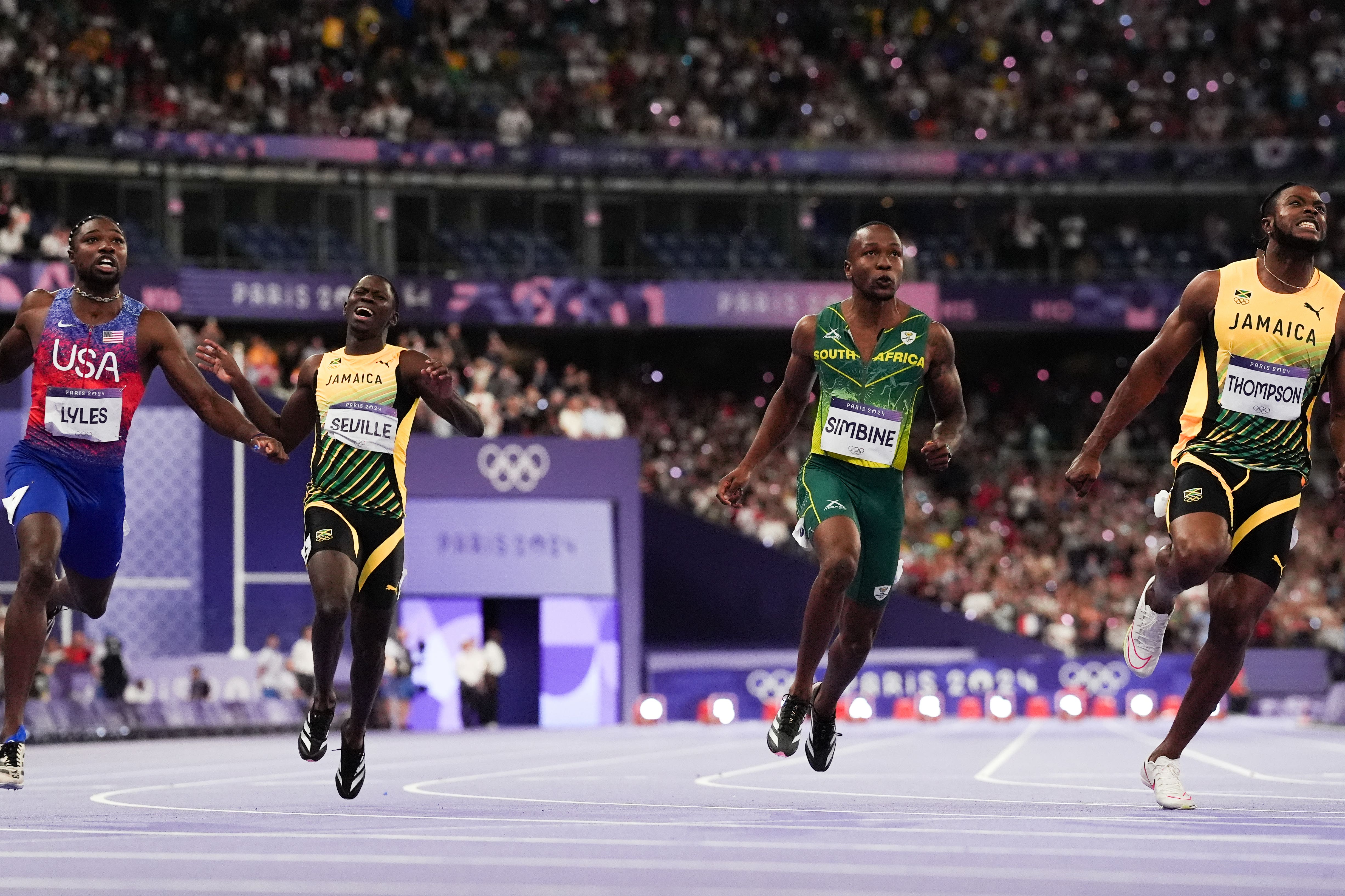 USA’s Noah Lyles (left) beat Jamaica’s Kishane Thompson (right) by five thousandths of a second to take the men’s 100 metres gold at the Paris Olympics (Martin Rickett/PA).