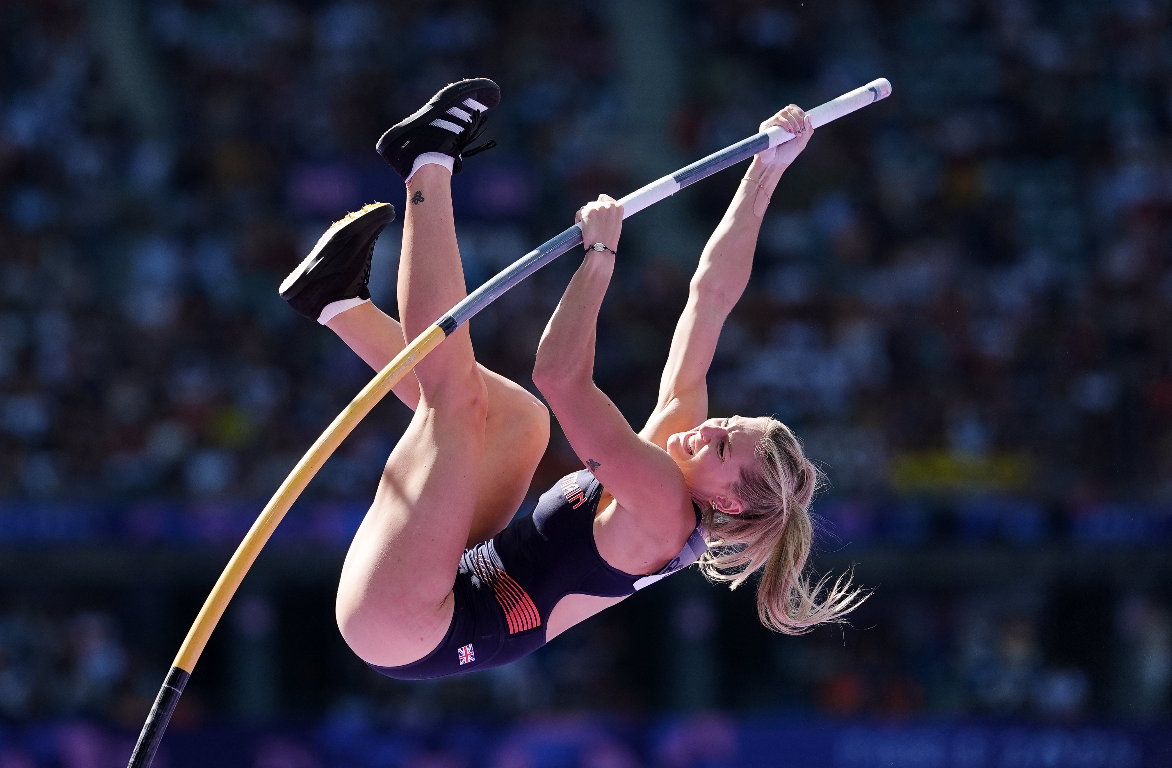 Molly Caudery competing in the women’s pole vault at Stade de France (Martin Rickett/PA).