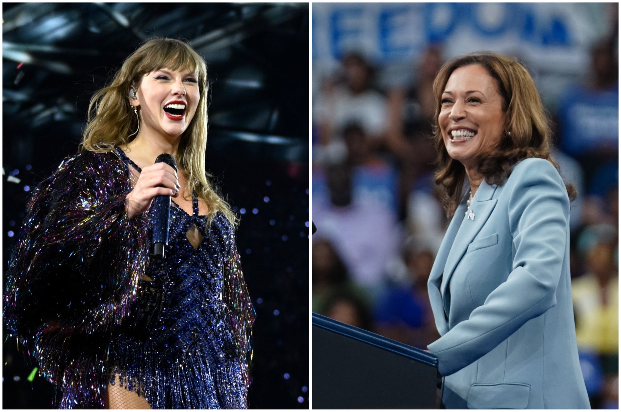 Taylor Swift fans are hoping she might endorse 2024 Democratic nominee Kamala Harris (right)