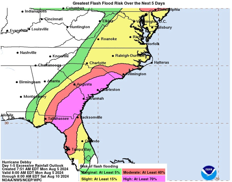 Hurricane Debby flash flood risk from Monday 5 August until Saturday 10 August