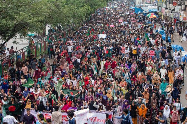 <p>Bangladeshis take to the streets in protest against former prime minister Sheikh Hasina </p>
