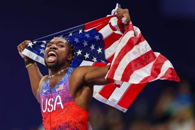 <p>Noah Lyles of Team United States celebrates winning the gold medal in the Men's 100m Final on day nine of the Olympic Games Paris 2024 at Stade de France on August 04, 2024 in Paris, France</p>