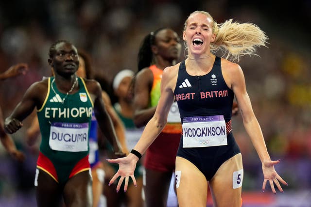 <p>Hodgkinson celebrates a stunning victory in the 800m final </p>