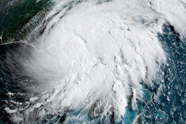 <p>This GOES-16 GeoColor satellite image taken at 8:11am EDT and provided by National Oceanic and Atmospheric Administration (NOAA) shows Hurricane Debby, a Category 1 storm over northern Florida, on Monday, 5 August </p>