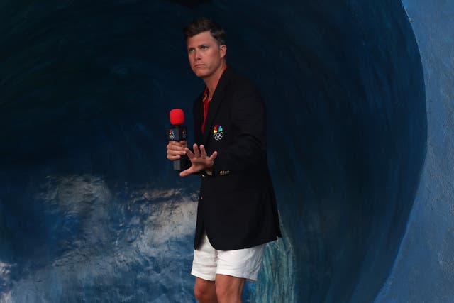 <p>Colin Jost films a segment as he covers Olympic surfing in Tahiti</p>