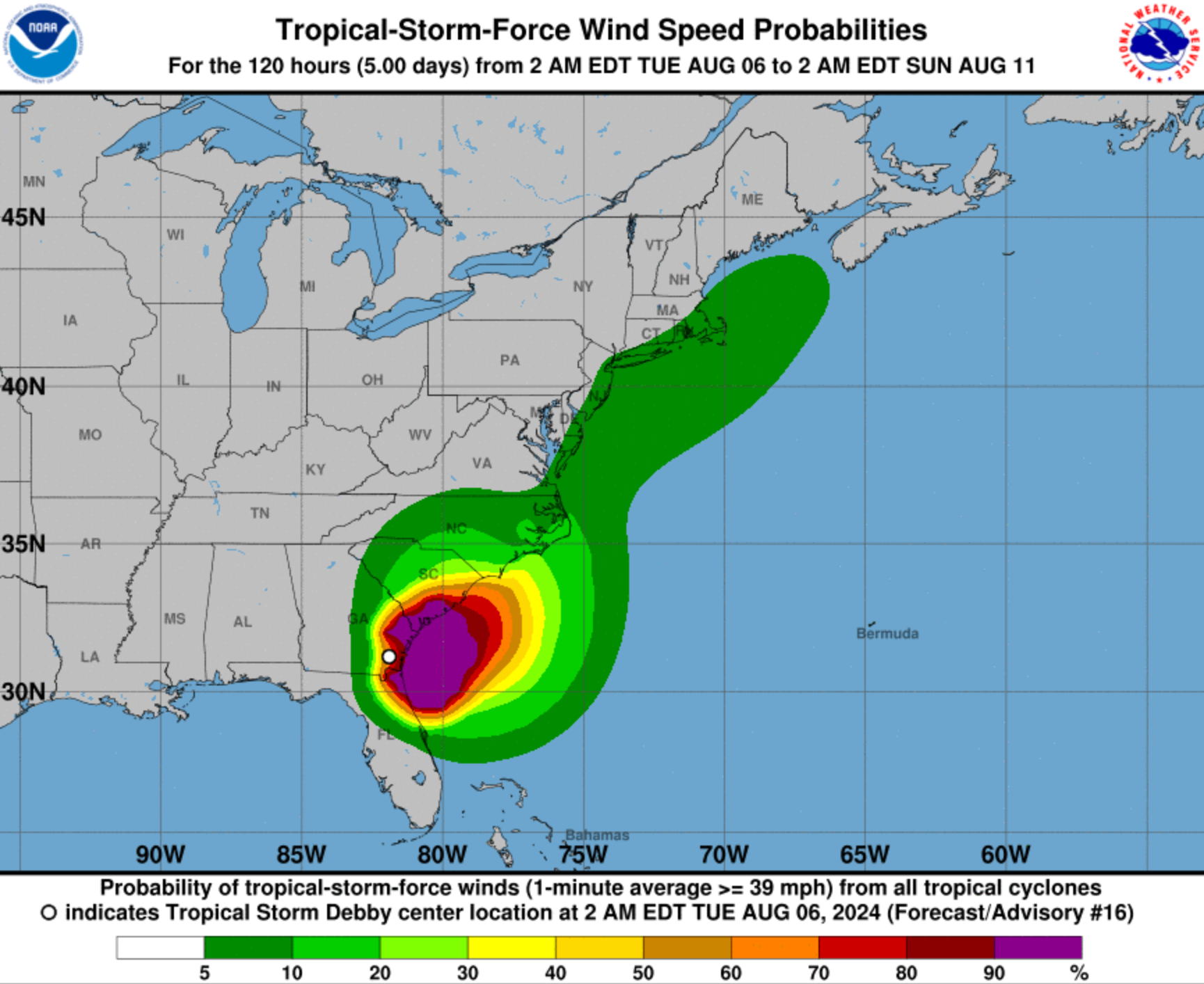 Map shows latest wind speed probabilities for Tropical Storm Debby