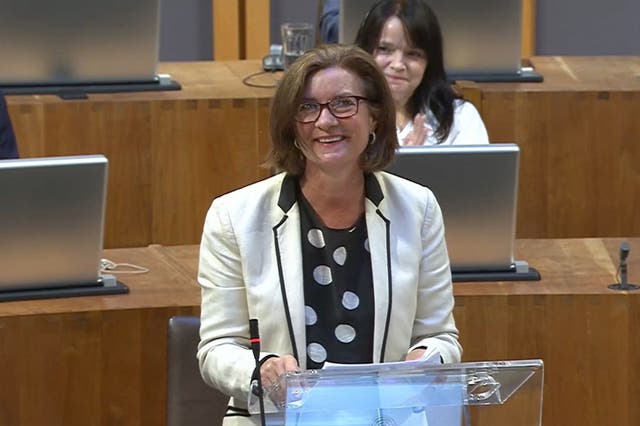 Eluned Morgan addressing the Senedd in Cardiff after being voted in as the new First Minister of Wales (Senedd.TV)