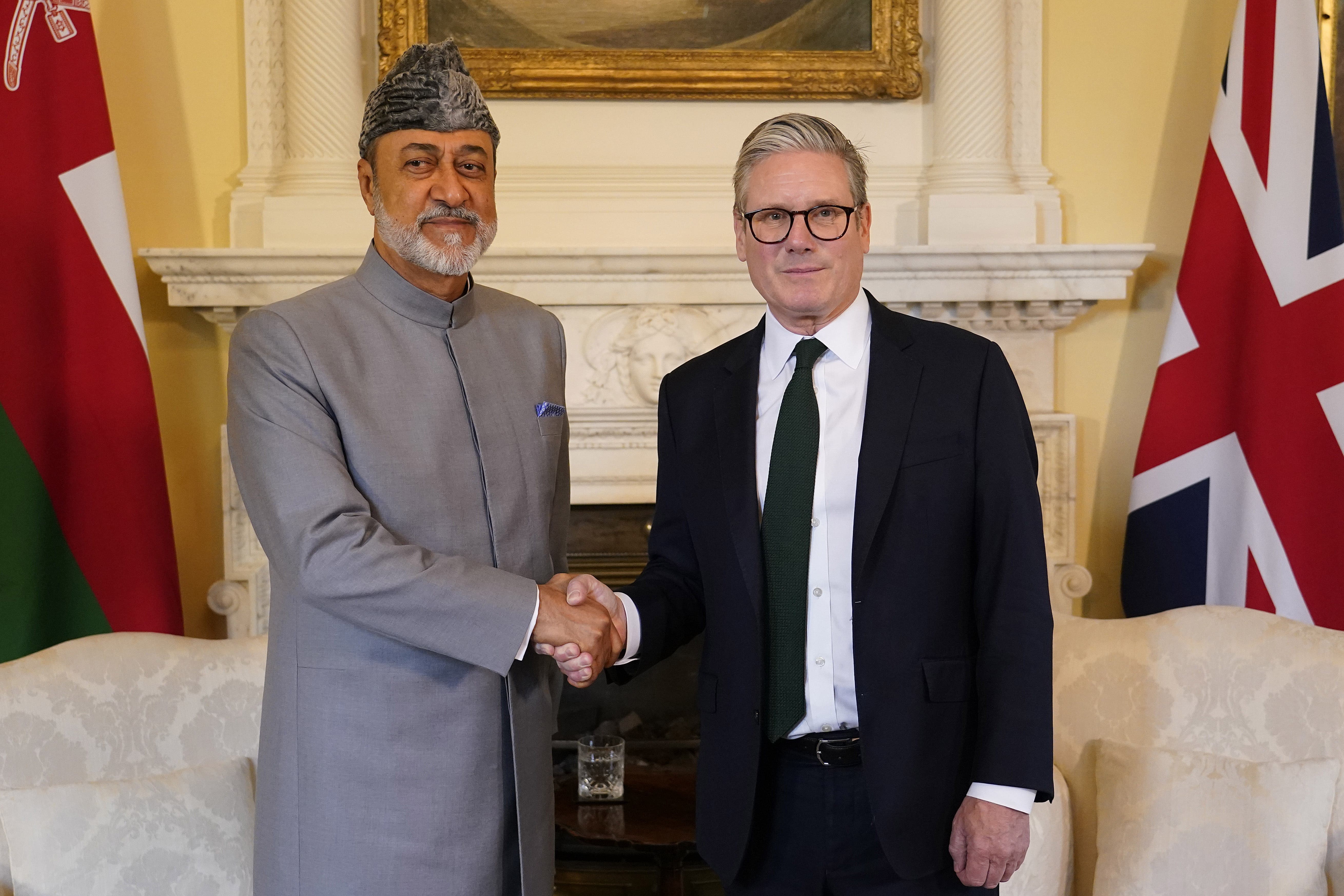 Prime Minister Sir Keir Starmer welcomes the Sultan of Oman Haitham bin Tariq Al Said ahead of a meeting in Downing Street (Alberto Pezzali/PA)