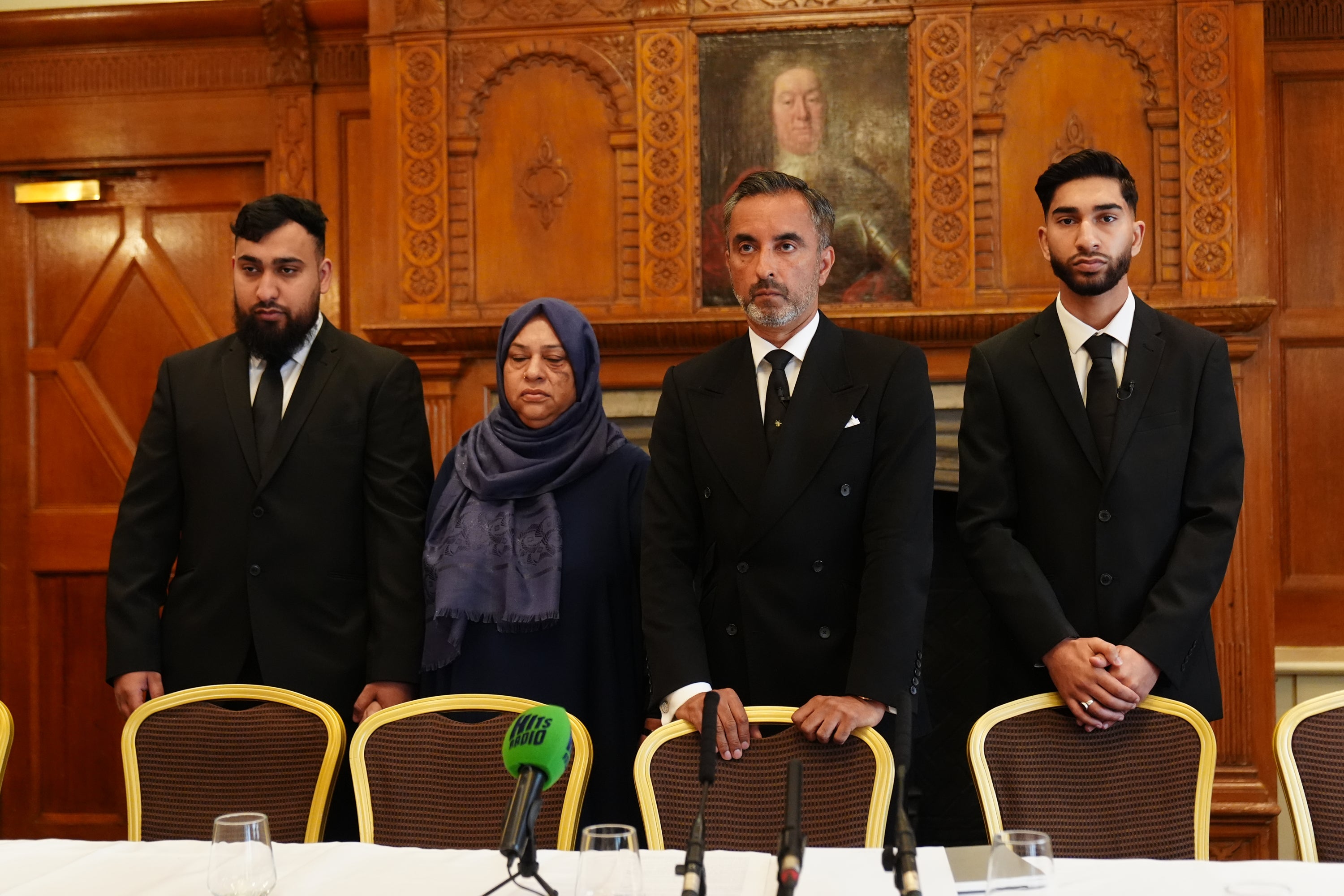 Left to right, Muhammad Amaad, Shameem Akhtar, lawyer Aamer Anwar and Fahir Amaaz, at the press conference in Manchester