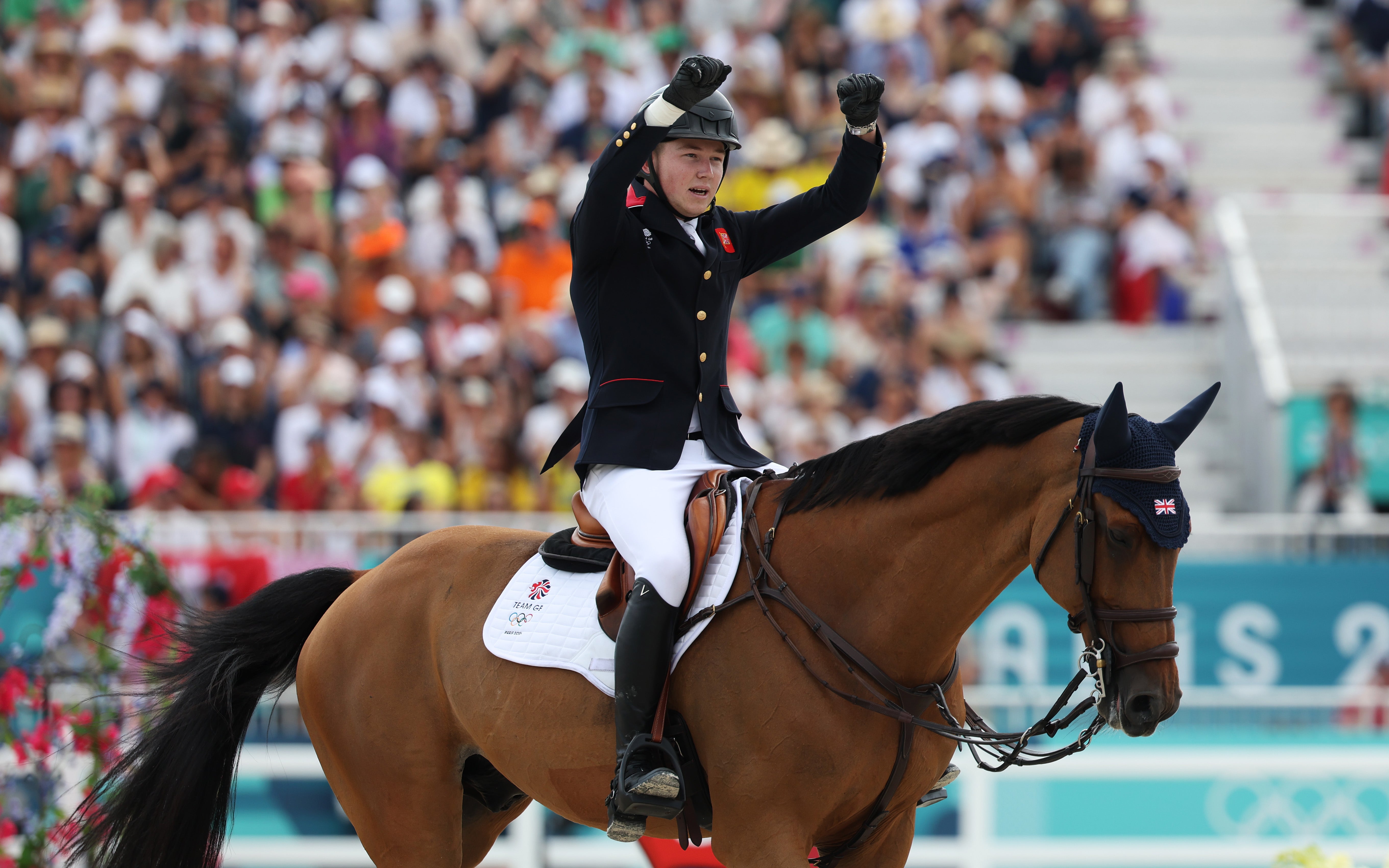 Harry Charles and horse Romeo 88 of Team Great Britain at Jumping Team Final in Paris Olympics on August 2