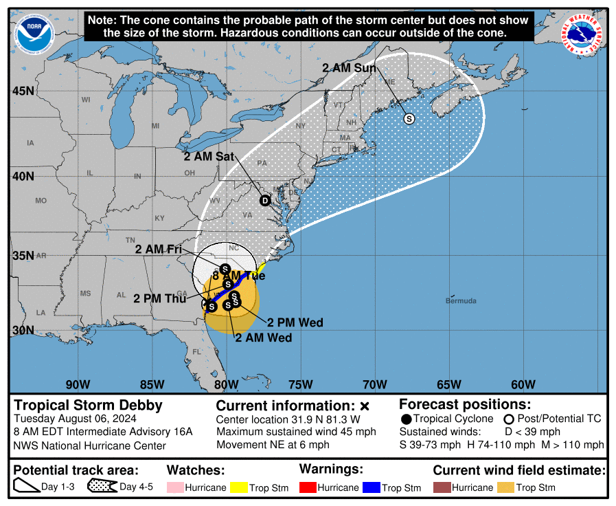 Tropical Storm Debby’s predicted path as of Tuesday morning