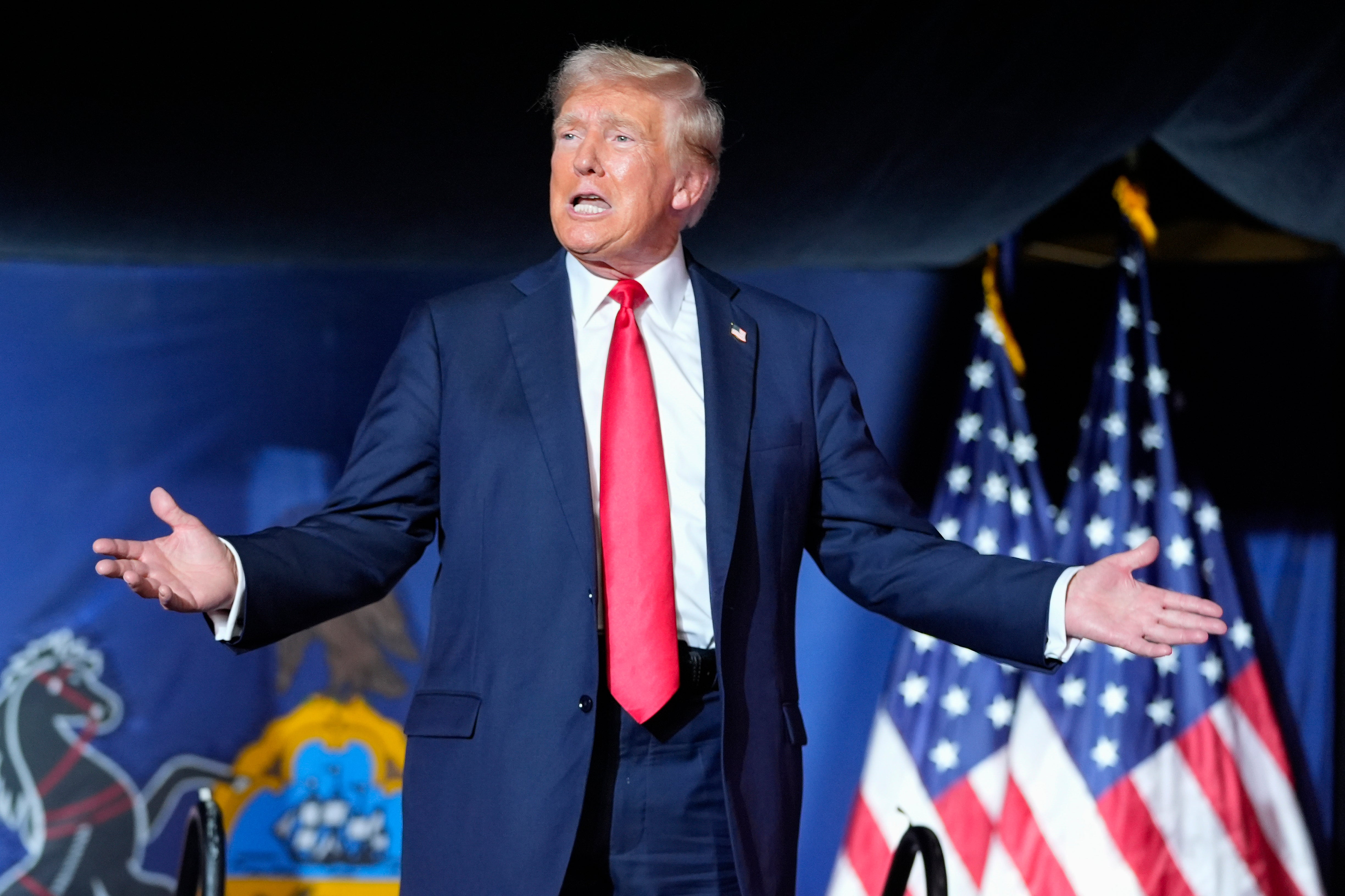 Donald Trump gestures to the crowd as he arrives to speak at a campaign rally in Harrisburg, Pennsylvania. Republicans are worried he is having a “public nervous breakdown.”