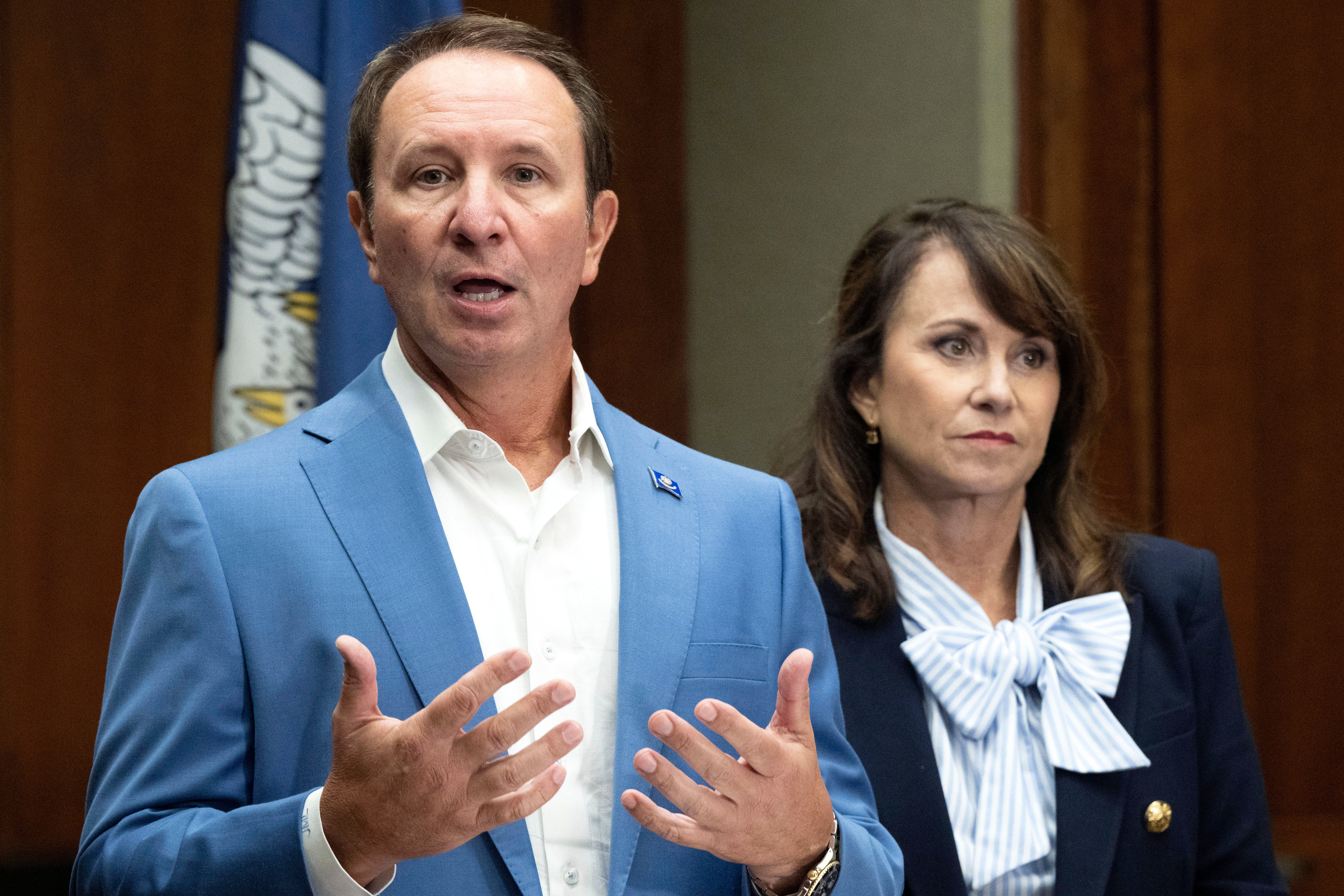 Louisiana Governor Jeff Landry told reporters on Monday that parents who find the display of the Ten Commandments in classrooms offensive could “tell the child not to look at it.”