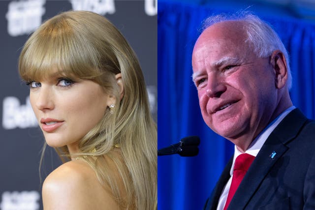 <p>Taylor Swift and Minnesota Governor Tim Walz, who has been selected as Kamala Harris’s running mate</p>