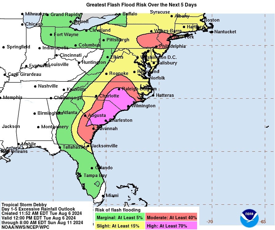 Map of explosive flood risk along the East Coast through Sunday as Tropical Storm Debbie passes through