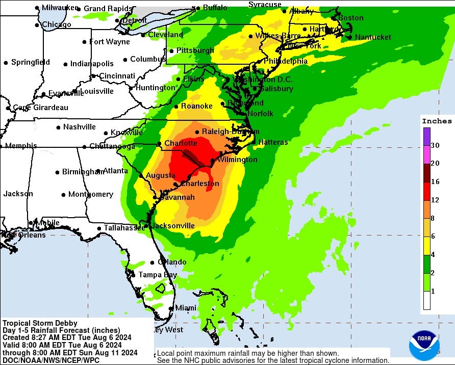 A map of rainfall levels expected through Sunday from Tropical Storm Debby