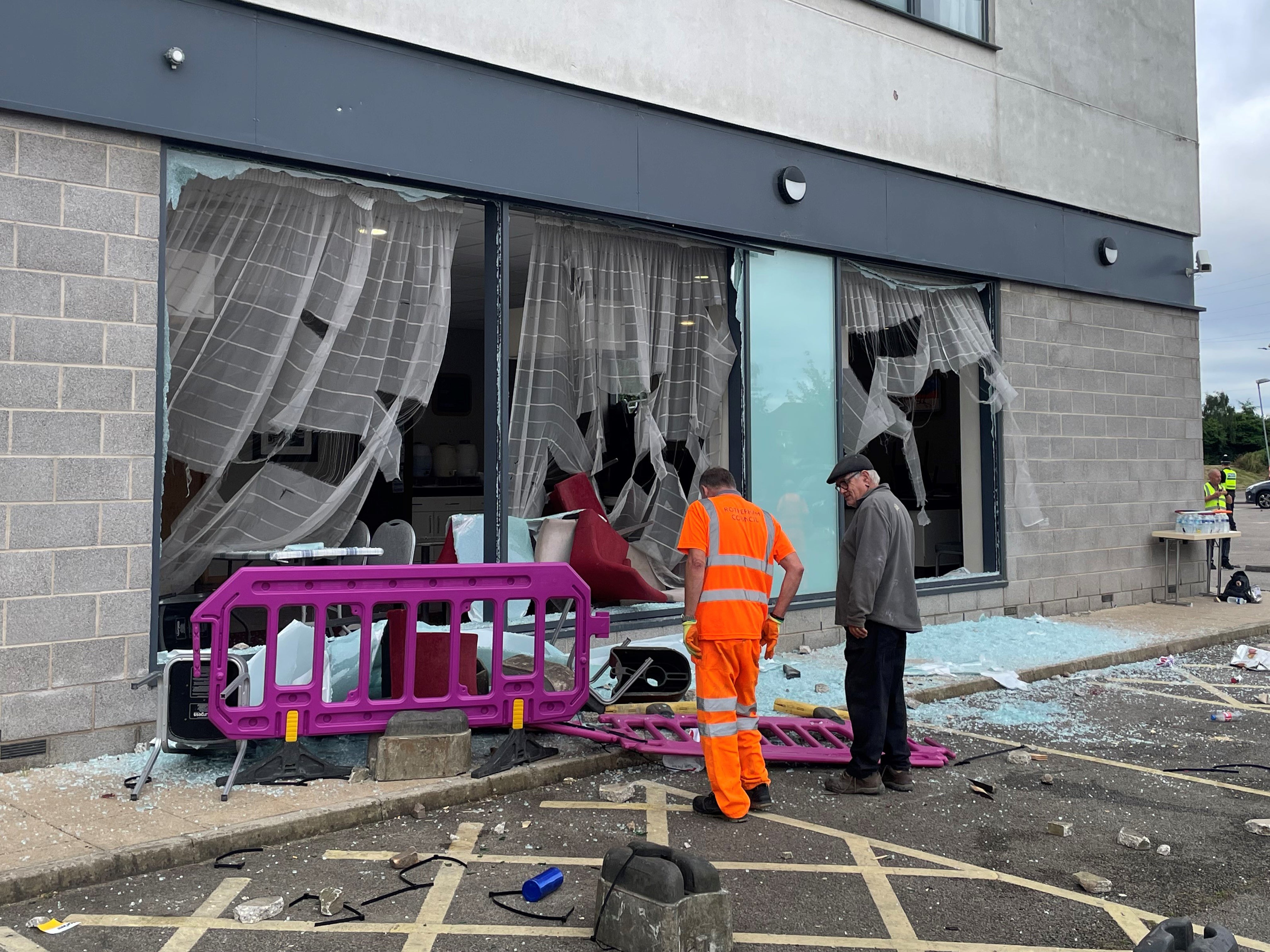 Rioters smashed the windows of a Holiday Inn in Rotherham, South Yorkshire, before starting fires on Sunday