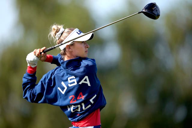 <p>Nelly Korda, of the United States, hits from the 14th tee during a practice round</p>