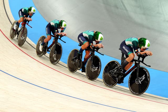 Ireland’s Lara Gillespie, Mia Griffin, Kelly Murphy and Alice Sharpe during the women’s team pursuit (David Davies/PA).