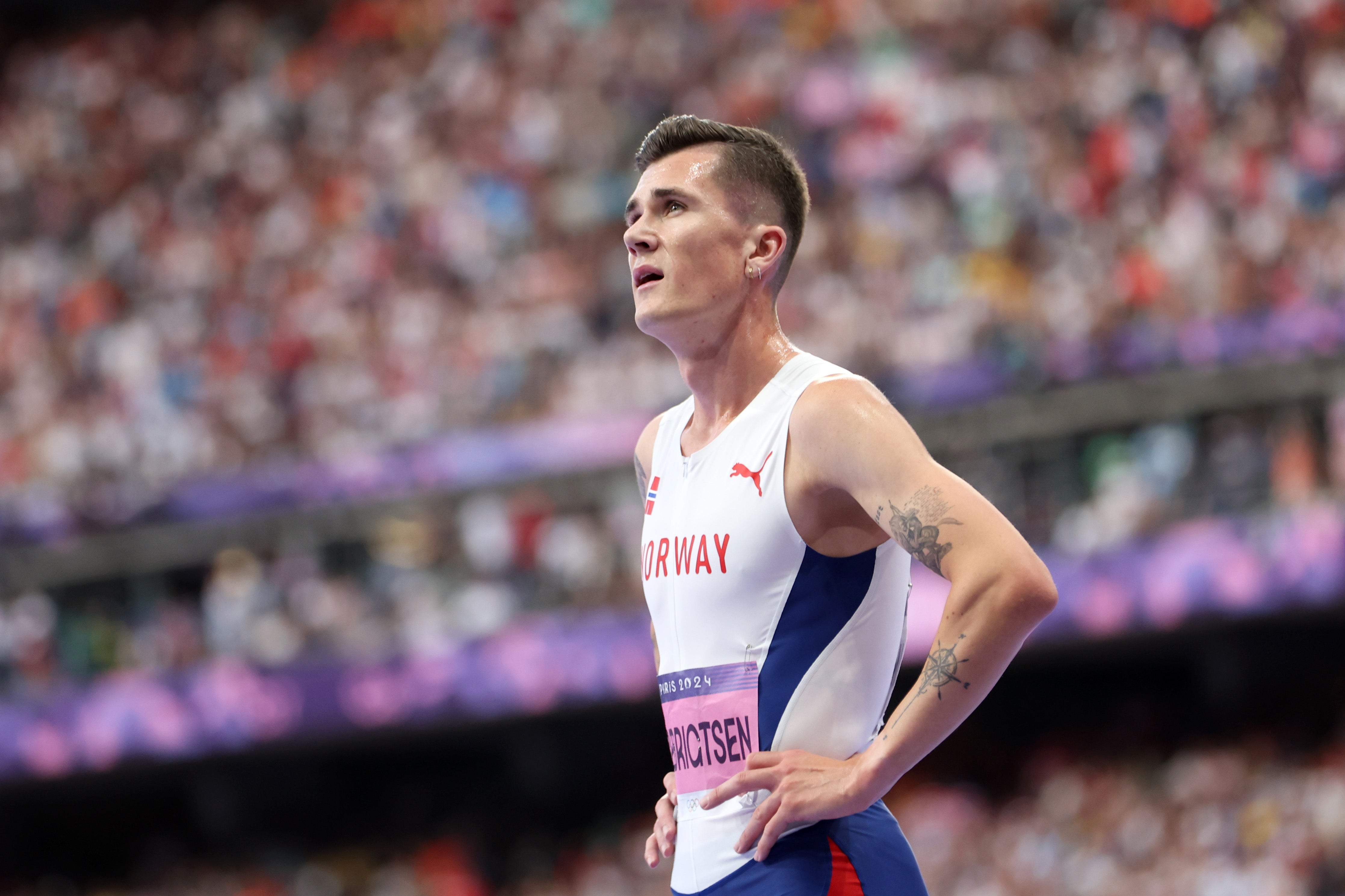 Jakob Ingebrigtsen of Team Norway looks on after defeat in the 1500m final