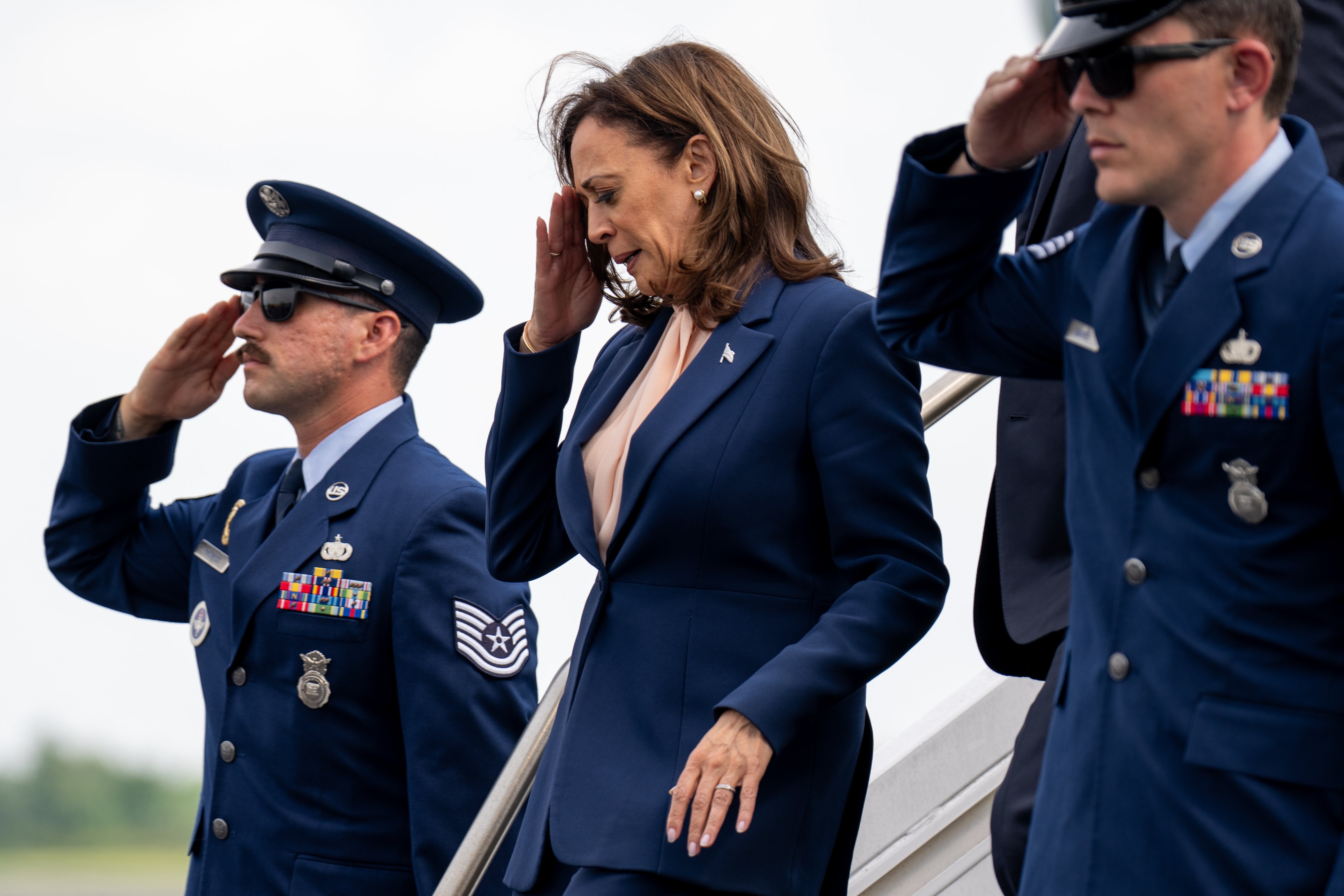 Democratic presidential candidate, Vice President Kamala Harris arrives at Philadelphia International Airport for a campaign event at Girard College on August 6, 2024