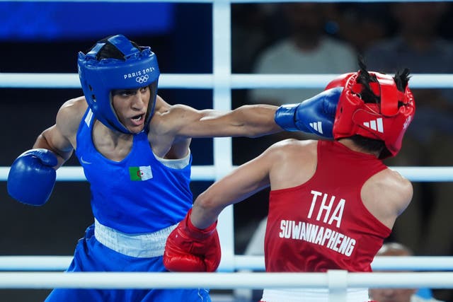 Algeria’s Imane Khelif (left) en route to victory against Thailand’s Janjaem Suwannapheng in the women’s 66kg semi-final (Peter Byrne/PA).