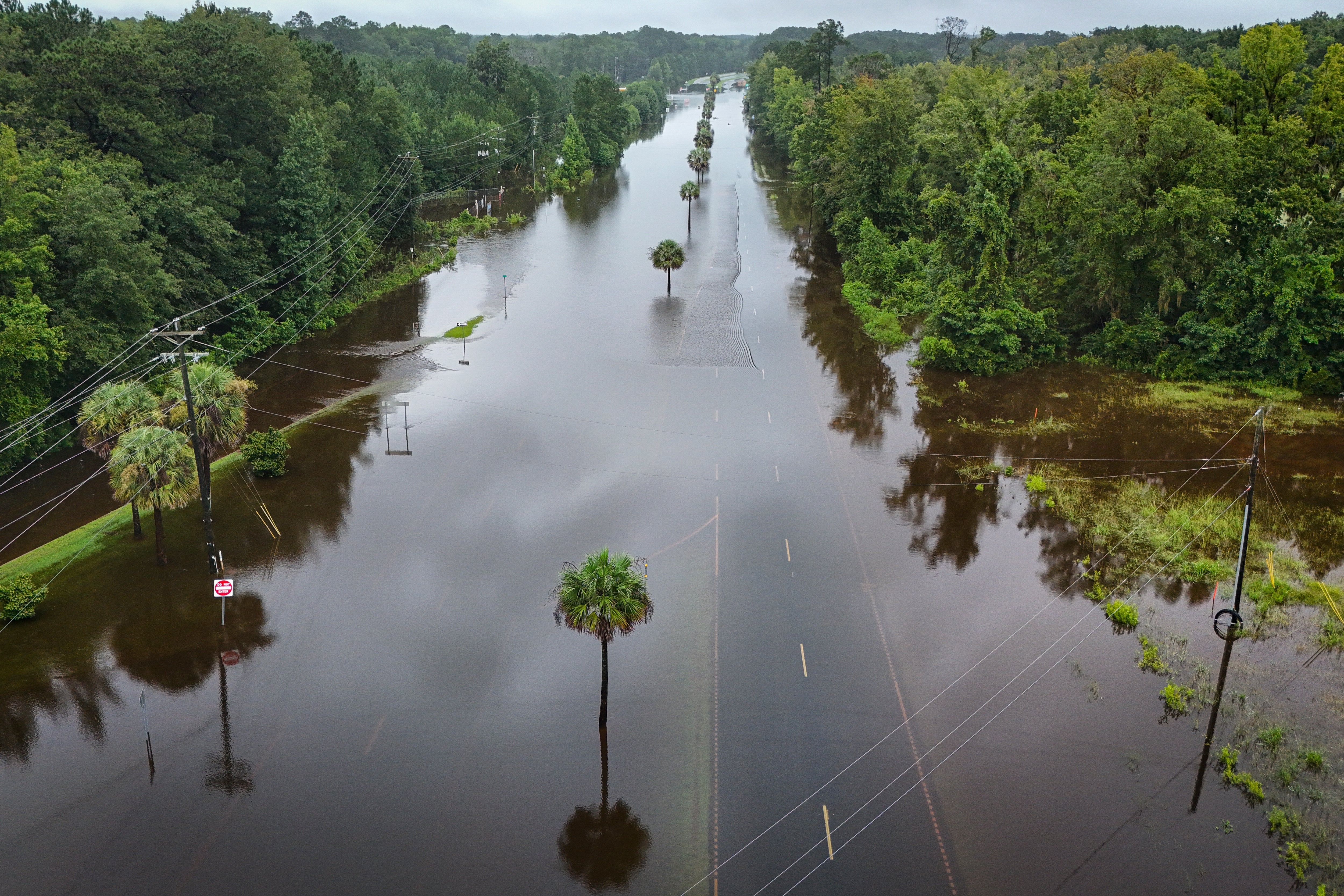 An aerial view of a flooded street in Ridgeland, South Carolina on Tuesday