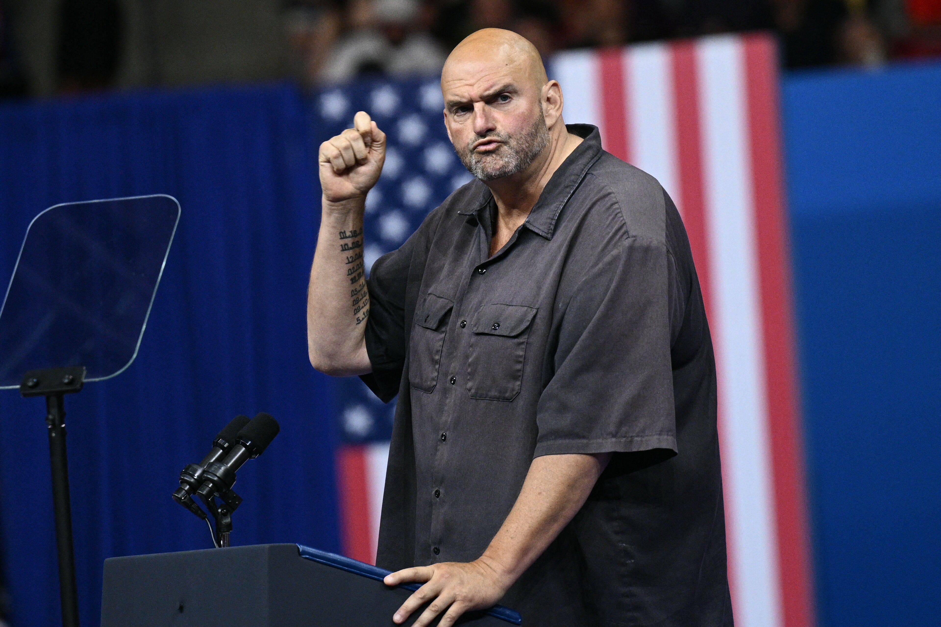 US Senator John Fetterman, speaks ahead of Vice President Kamala Harris’speech at Temple University’s Liacouras Center in Philadelphia, Pennsylvania, August 6, 2024