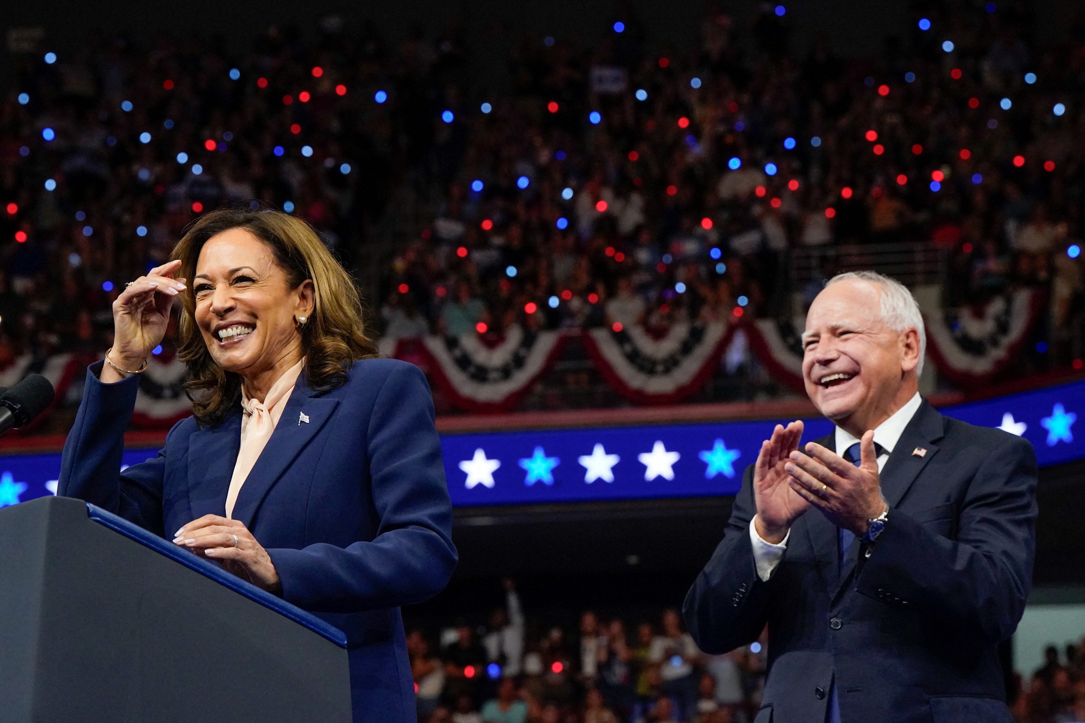 Kamala Harris announces Tim Walz as her running mate for the Democratic presidential ticket in Philadelphia on August 6.