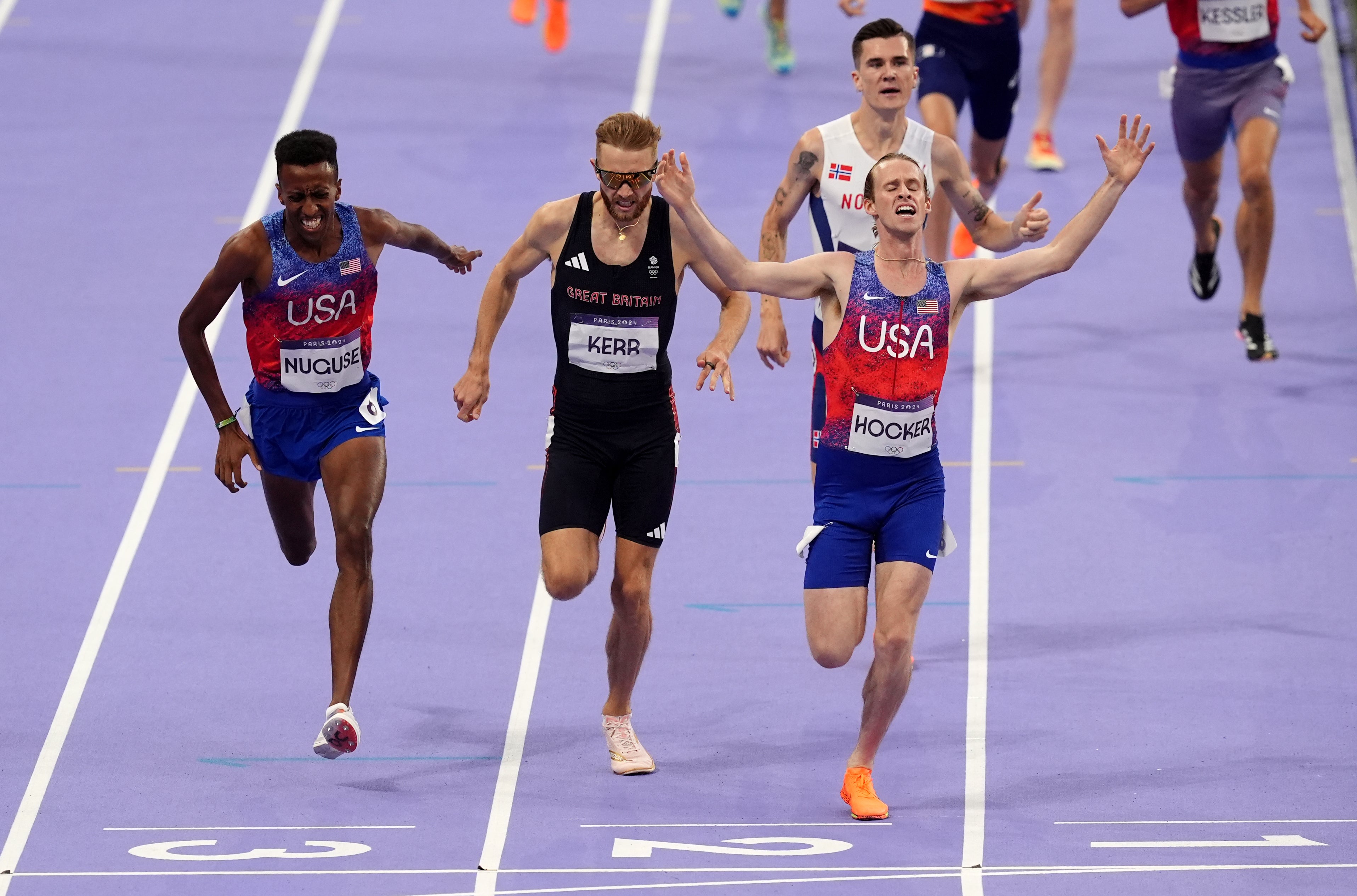 Jakob Ingebrigtsen, top right, trails medallists, right to left, Cole Hocker, Josh Kerr and Yared Nuguse (Martin Rickett/PA)