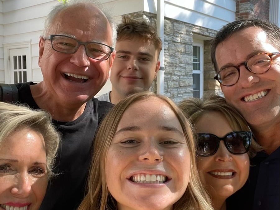 A selfie of Tim Walz and his family is taken by his 23-year-old daughter, Hope. Walz was en route to Philadelphia on Tuesday, August 6.