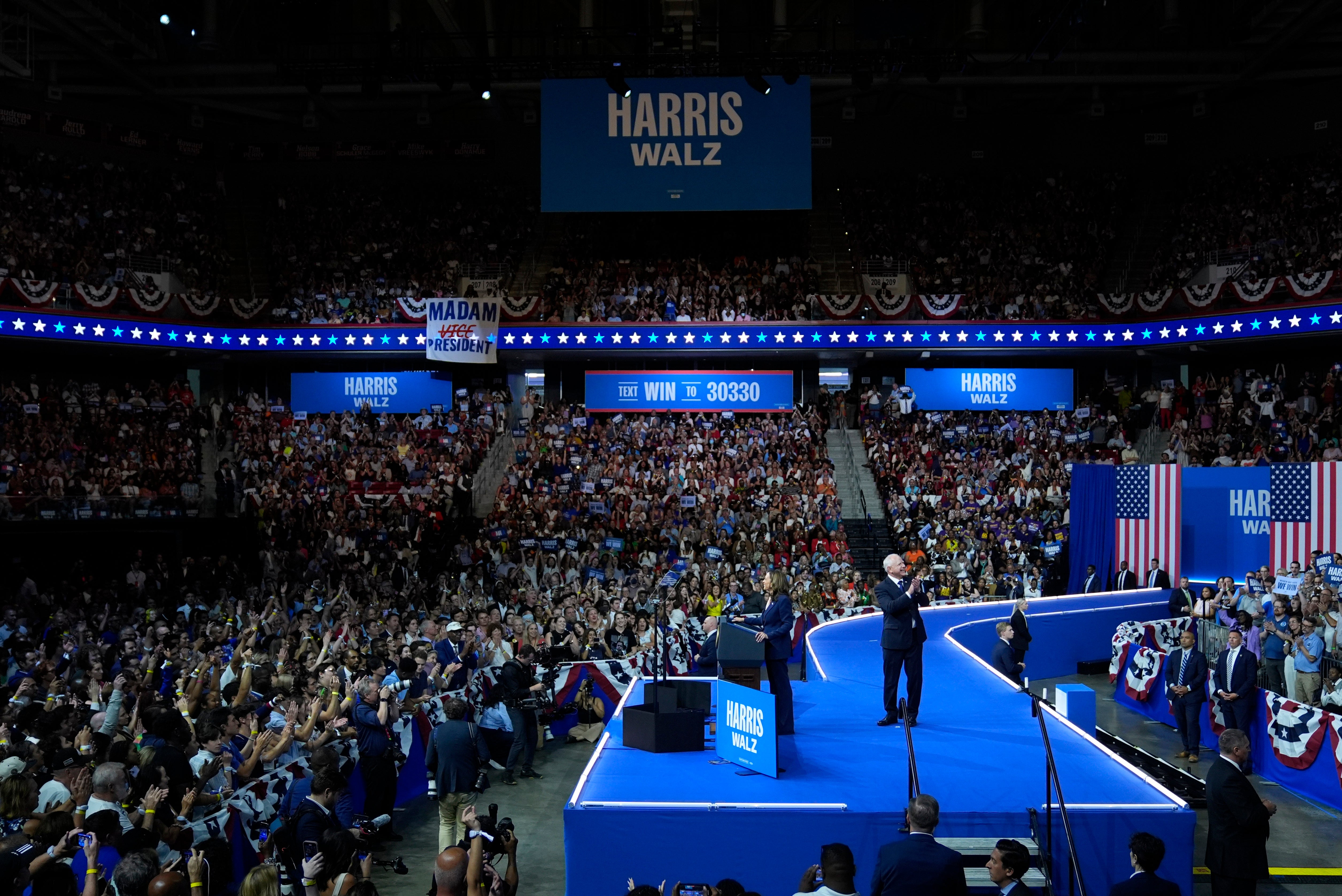 Approximately 12,000 people came to watch Vice President Kamala Harris and Minnesota Governor Tim Walz at their first joint appearance