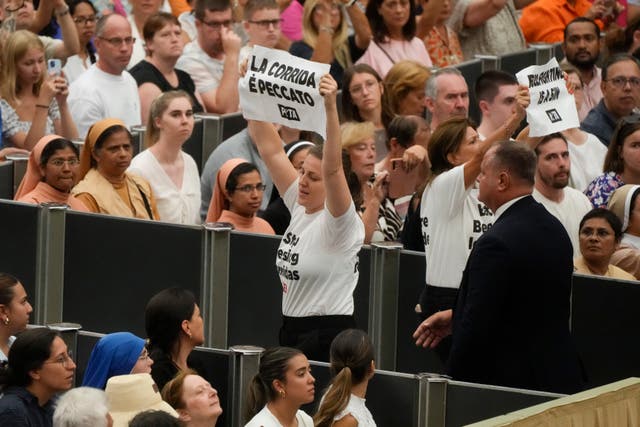 <p>Protesters disrupt Pope Francis’s weekly general audience in the Paul VI hall at the Vatican, on Wednesday, 7 August, 2024</p>