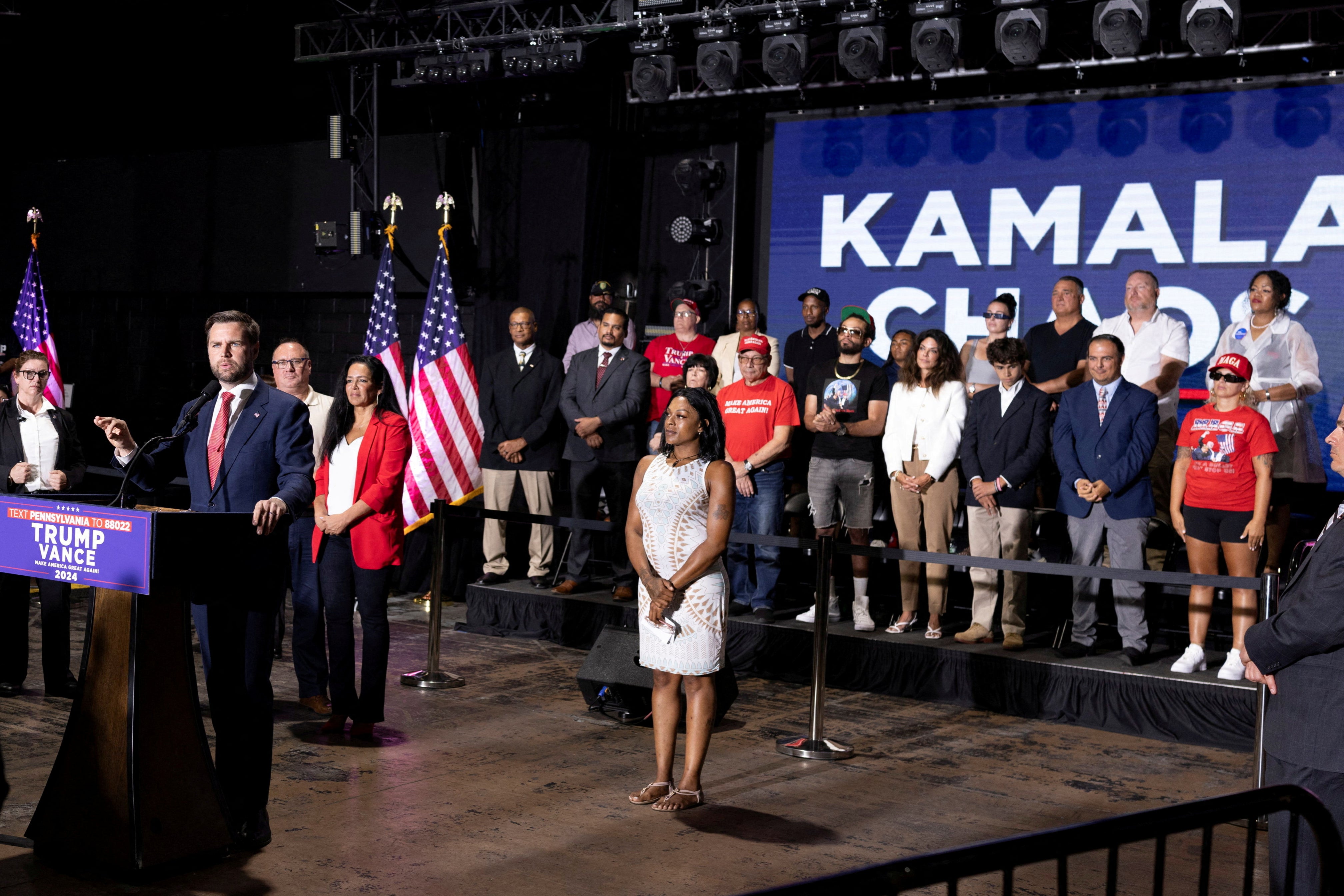 JD Vance appears to campaign for his opponent, Kamala Harris, thanks to an embarrassing stage design gaffe at his Philadelphia rally on 6 August