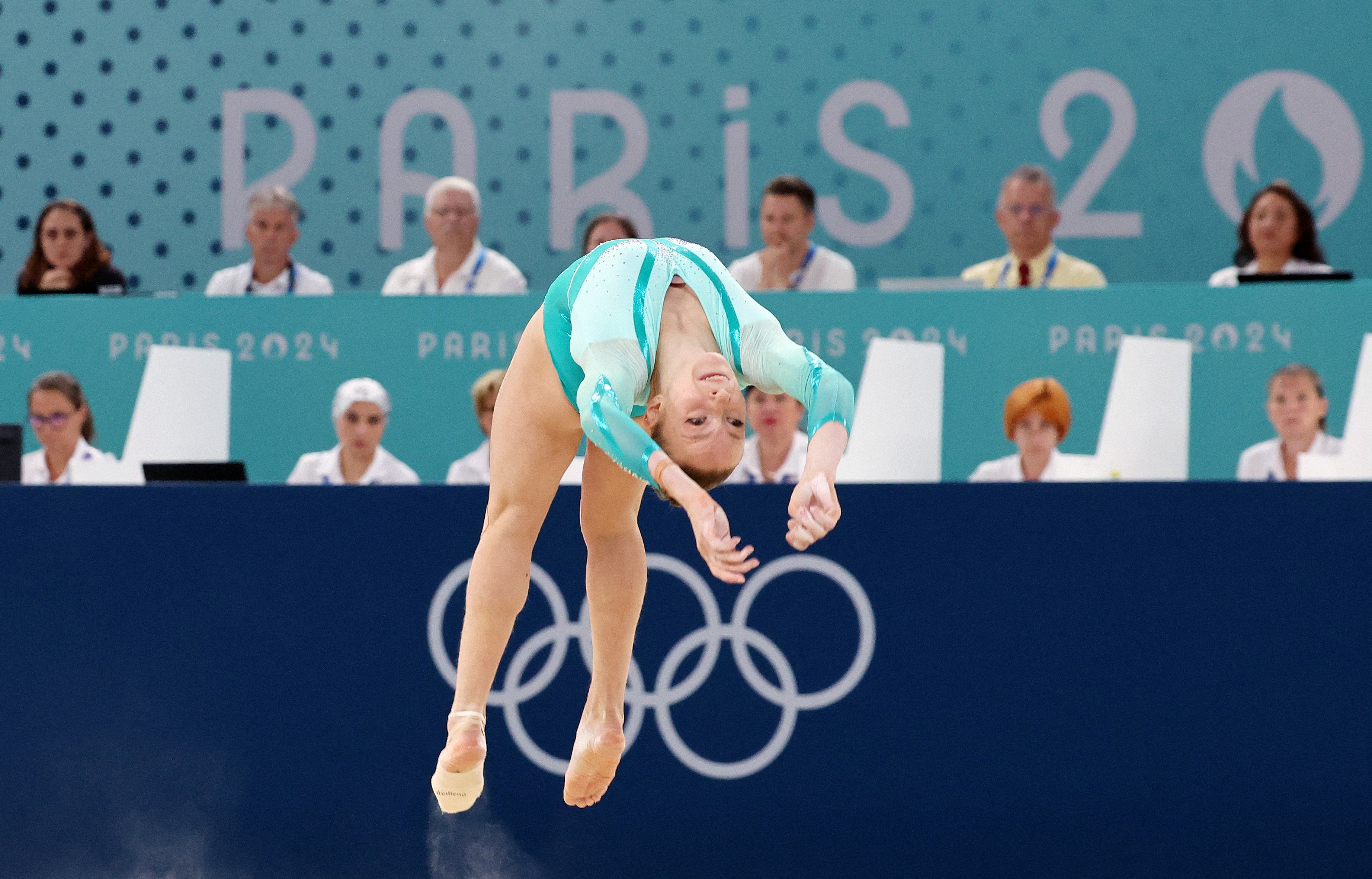 Ana Barbosu from Romania in action during the final floor exercise on August 5 in Paris.