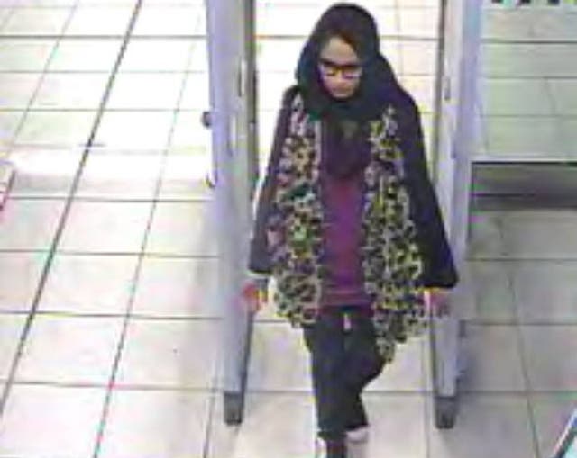 <p>Shamima Begum, then 15, at Gatwick airport</p>