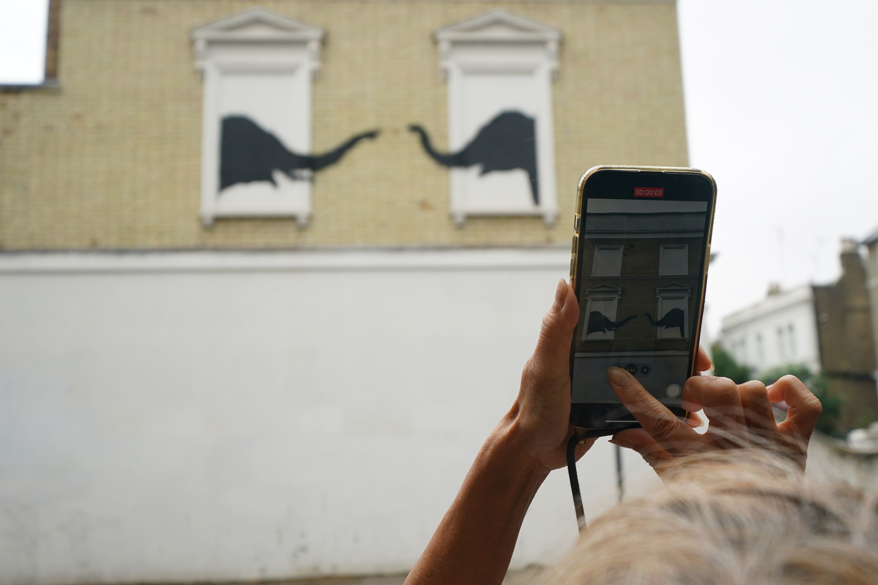 Two elephant silhouettes go trunk to trunk in Chelsea