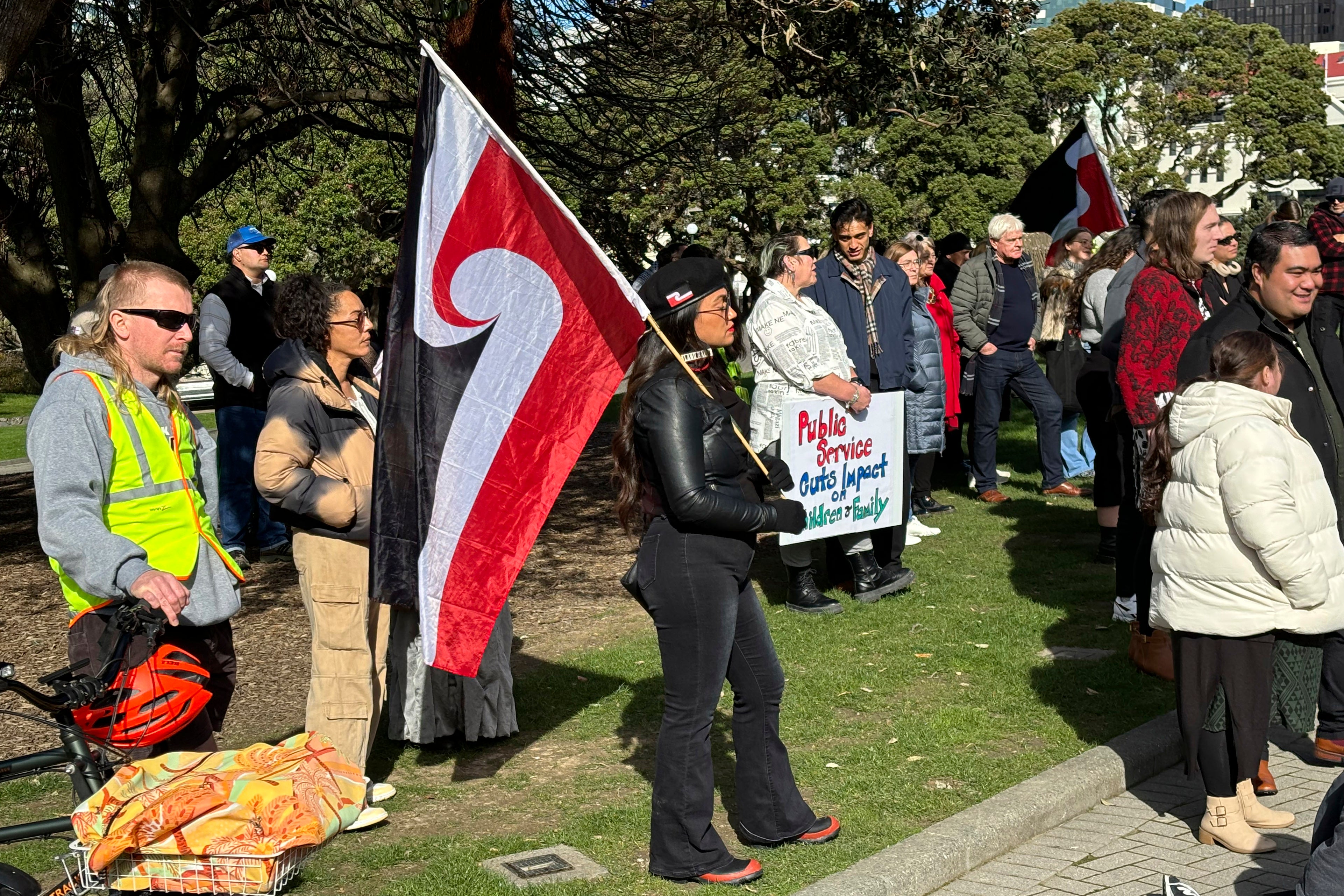 Protestors from the Māori iwi (tribe) Ngāpuhi and others gather outside the Parliament building